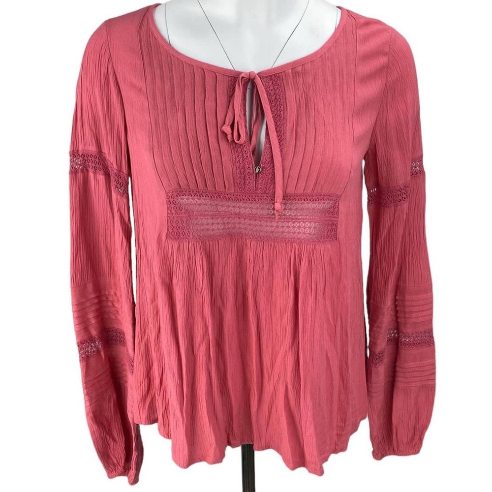 Abercrombie & Fitch Large Boho Peasant Babydoll Top L/S W/Detail Deep Rose Y2K